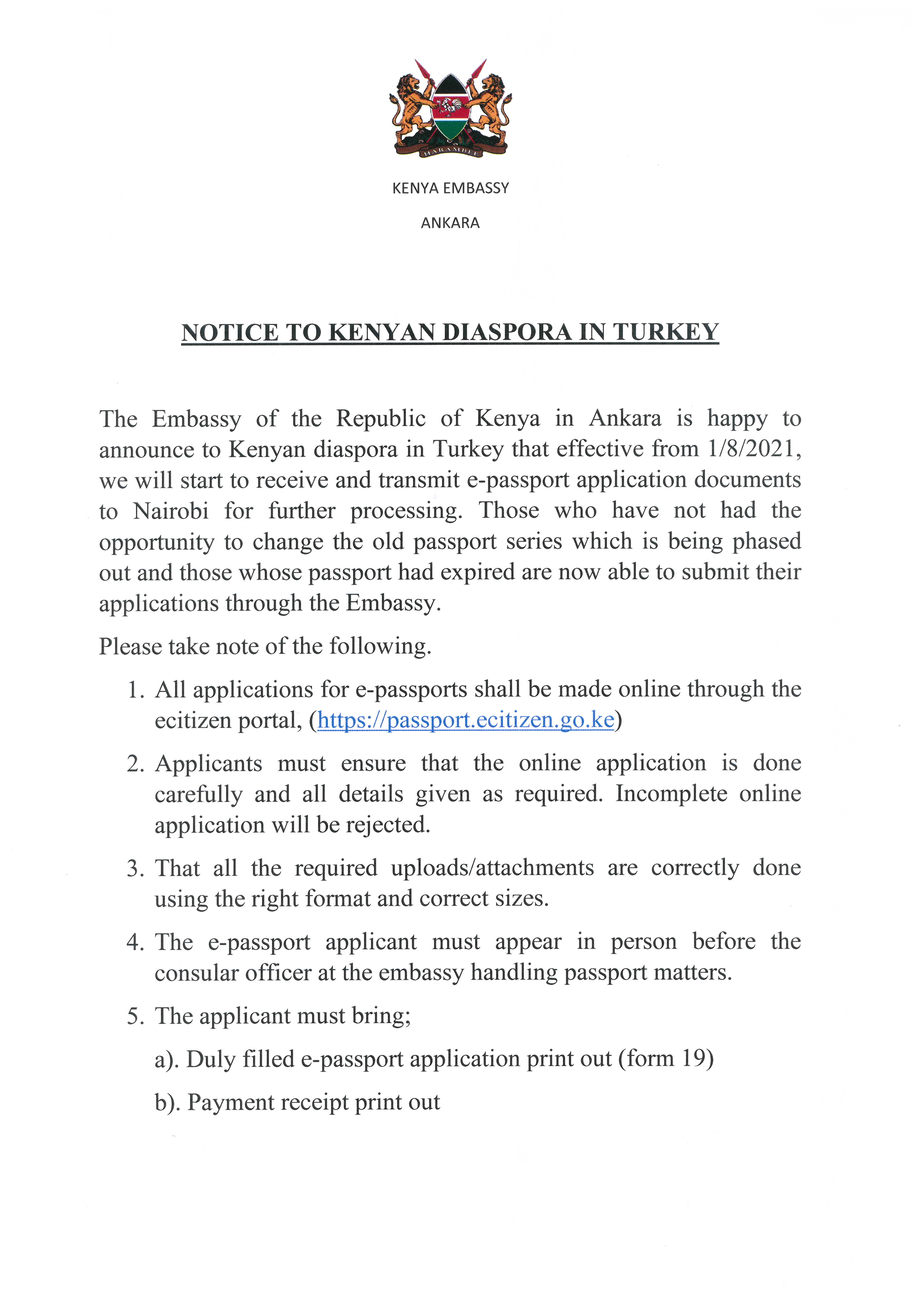 NOTICE TO KENYAN DIASPORA IN TURKEY 02.08.2021 Kenya Embassy Ankara